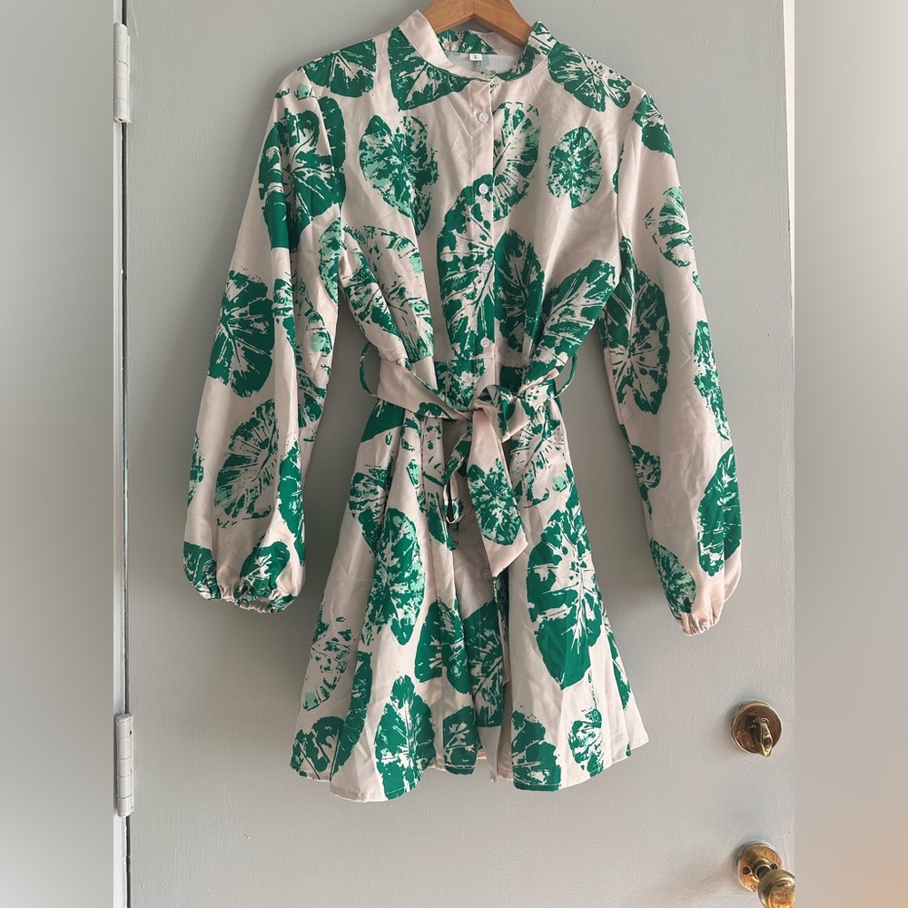 NWOT SHEIN Tropical Print Lantern Sleeve Belted Shirt Dress - Picture 7 of 11